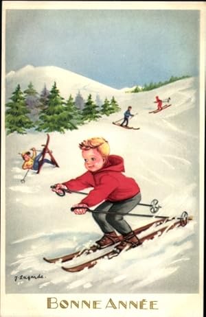 Image du vendeur pour Knstler Ansichtskarte / Postkarte Lagarde, J., Glckwunsch Neujahr, Kinder fahren Ski mis en vente par akpool GmbH