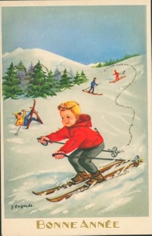 Image du vendeur pour Knstler Ansichtskarte / Postkarte Lagarde, J., Glckwunsch Neujahr, Kinder fahren Ski, Glitzer mis en vente par akpool GmbH