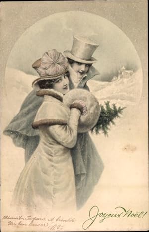 Litho Frohe Weihnachten, Nobles Paar mit Tannenbaum - Munk 156