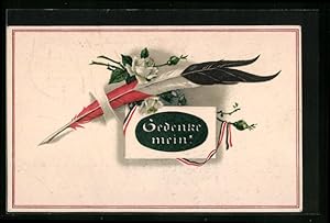 Bild des Verkufers fr Prge-Ansichtskarte Gedenke mein!, Feder in den Farben des Kaiserreiches mit strahlend weisser Rose zum Verkauf von Bartko-Reher