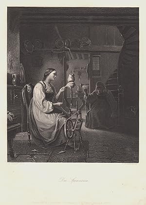 Seller image for Die Spinnerin, an ihrem Spinnrad sitzend, i. Hgr. schaut eine alte Frau zu. for sale by Antiquariat Clemens Paulusch GmbH