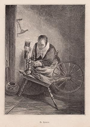 Seller image for Die Spinnerin, alte Frau sitzt an ihrem Spinnrad. for sale by Antiquariat Clemens Paulusch GmbH