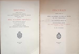 Imagen del vendedor de DISCURSO LEIDOS POR EL EXCMO. SR. D. JESUS AGUIRRE DUQUE DE ALBA ANTE LA REAL ACADEMIA ESPAOLA Y ANTE LA REAL ACADEMIA DE BELLAS ARTES DE S. FERNANDO. 2 tomos a la venta por BIBLIONET