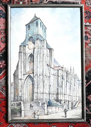 Large original watercolour, signed and in the origianl frame. Lisieux, Eglise St. Jacques.