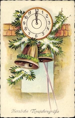 Ansichtskarte / Postkarte Glückwunsch Neujahr, Uhr, Glocken, Tannenzweige