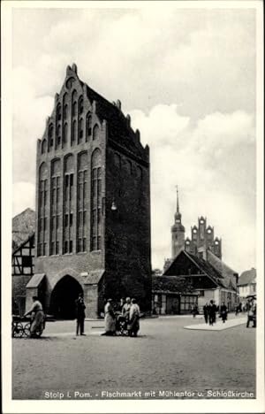 Ansichtskarte / Postkarte Stolp Pommern, Fischmarkt, Mühlentor, Schlosskirche