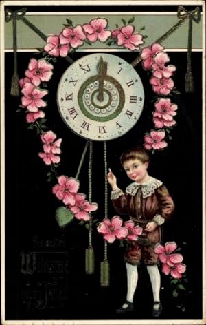 Ansichtskarte / Postkarte Glückwunsch Neujahr, Kind, Uhr, Blumen