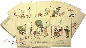 Konvolut von 18 farbigen Kunstpostkarten (num. 1-18). Aus dem Bilderbuch: "Wir spielen Weltkrieg!"