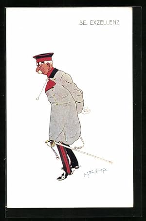 Bild des Verkufers fr Knstler-Ansichtskarte Fritz Schnpflug: Se. Exzellenz - lterer Soldat mit gerissenem Hosentrger, Karikatur zum Verkauf von Bartko-Reher