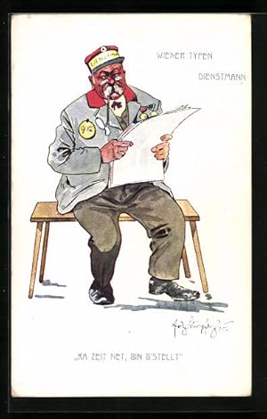 Imagen del vendedor de Knstler-Ansichtskarte Fritz Schnpflug: Wien, Wiener Typen, Dienstmann mit Zeitung a la venta por Bartko-Reher