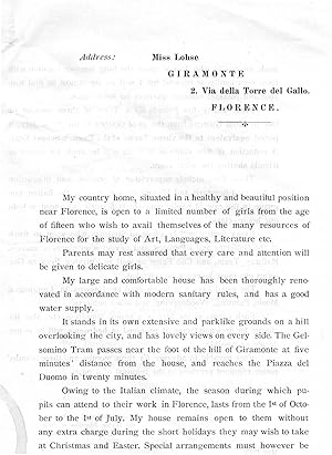 Florence Italy Country School For Girls Old Advertising Letter