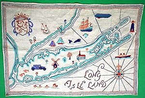 Long Isle Land c1930s Crewelwork Linen Map