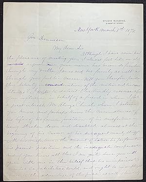 Seller image for 1 ALS, 2 pages, dated March 5, 1878, New York, to Gov. William Dennison, Jr., on ??Studio Building?  letterhead. for sale by George Robert Minkoff, Inc., ABAA