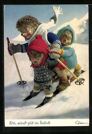 Ansichtskarte Mecki-Vater mit Kindern auf Ski - wir sind gut in Fahrt