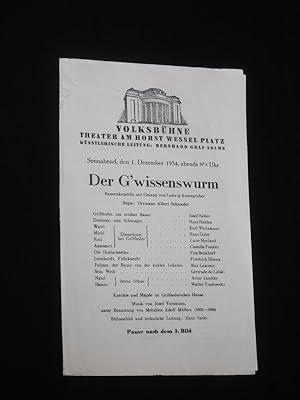 Seller image for Programmzettel Volksbhne Theater am Horst-Wessel-Platz 1934/35. DER G'WISSENSWURM von Anzengruber. Insz.: Hermann Albert Schroeder, Musik: Josef Vorsmann, Bhnenbild/ techn. Ltg.: Hans Sachs. Mit Josef Sieber, Hans Halden, Kurt Waitzmann, Hans Golze, Luise Morland, Camilla Freisler, Fita Benkhoff, Friedrich Honna, Max Lammer, Gertrude de Lalski for sale by Fast alles Theater! Antiquariat fr die darstellenden Knste