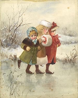 ORIGINAL WATERCOLOR DRAWING BY KATE GREENAWAY OF THREE YOUNG GIRLS ICE SKATING