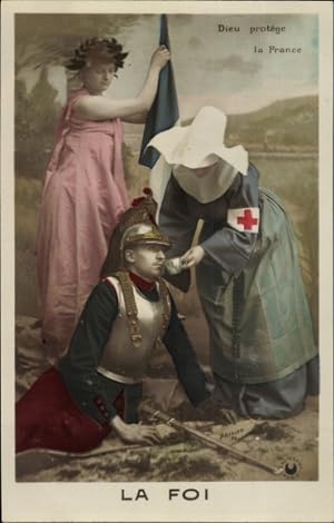 Ansichtskarte / Postkarte Dieu protege la France, La Foi, Krankenschwester versorgt Soldat, Rotes...