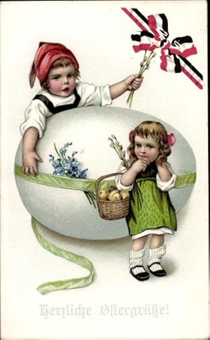 Ansichtskarte / Postkarte Glückwunsch Ostern, Kinder mit Weidenkätzchen, Osterei, Patriotik