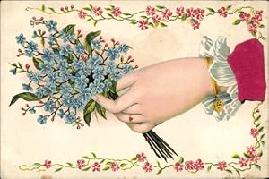 Stoff Litho Frauenhand mit Blumenstrauß, Vergissmeinnicht