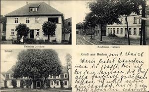 Ansichtskarte / Postkarte Budowo Budow Pommern, Kaufmann Halbeck, Schloss, Fleischer Jerchow