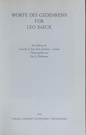 Bild des Verkufers fr Worte des Gedenkens fr Leo Baeck. zum Verkauf von Antiquariat Bookfarm