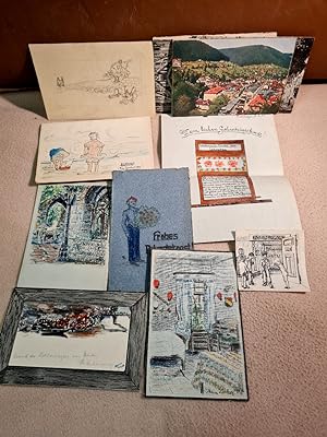 Konvolut von 7 teils farbigen handgezeichneten Karten bzw. Postkarten aus Hamburg und Tübingen, t...
