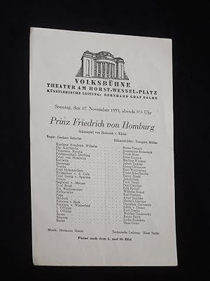 Bild des Verkufers fr Programmzettel Volksbhne Theater am Horst-Wessel-Platz 1935/36. PRINZ FRIEDRICH VON HOMBURG von Kleist. Insz.: Gerhart Scherler, Bhnenbild: Traugott Mller, Musik: Hermann Simon, techn. Ltg.: Hans Sachs. Mit Mathias Wieman (Prinz von Homburg), Bruno Decarli, Annemarie Steinsieck, Trude Moos, Ernst Gronau, Dorothea Gervenux, Edith von Donat zum Verkauf von Fast alles Theater! Antiquariat fr die darstellenden Knste