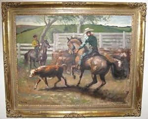 Untitled [Cowboys Corralling Cattle - Original Oil Painting]
