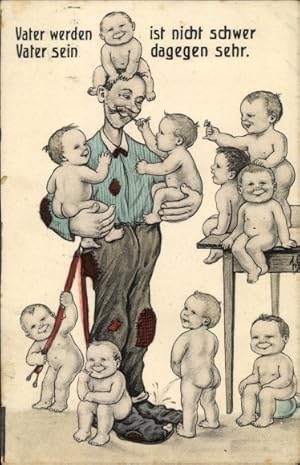 Bild des Verkufers fr Knstler Ansichtskarte / Postkarte Scheuermann, Willi, Vater werden ist nicht schwer, Mann mit vielen Babys zum Verkauf von akpool GmbH