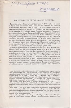 Bild des Verkufers fr The Declaration of War against Cleopatra. [From: Classical Journal, Vol. 17, No. 2, 1981/82]. zum Verkauf von Fundus-Online GbR Borkert Schwarz Zerfa
