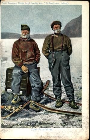 Bild des Verkufers fr Ansichtskarte / Postkarte Zwei Polarfahrer, Sverdrup, Neues Land, F. A. Brockhaus zum Verkauf von akpool GmbH