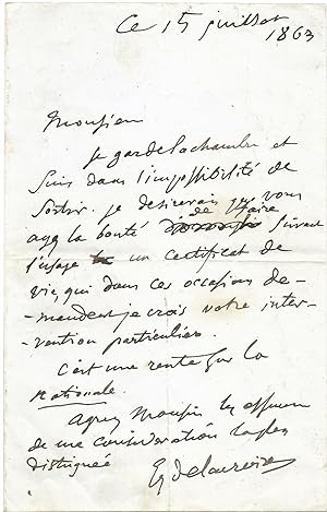 Émouvante lettre de Delacroix, lune des toutes dernières, demandant un certificat de vie, moins ...