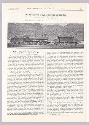 Bild des Verkufers fr Die elektrischen F 4/4-Lokomotiven am Simplon. Von E. Thomann und K. Schnetzler. Komplette Textbltter/kompletter Artikel aus: Zeitschrift des Vereines deutscher Ingenieure. Band 53., Nr. 16, 17. April 1909 und Nr. 18., 1 Mai 1909. Bebildert und illustriert! zum Verkauf von GAENSAN Versandantiquariat