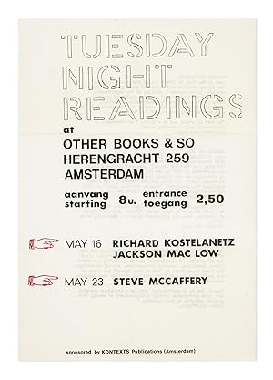 A4 event flyer: Tuesday Night Readings at Other Books & So, Herengracht 259, Amsterdam (16 & 23 M...