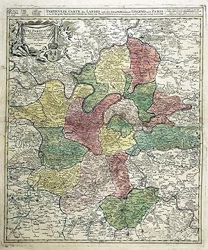 Seller image for Agri Parisiensis Tabula particularis, qua maxima Pars Insulae Franciae, seu Regiae celeberrimaeq. Parisiorum Urbis vicina Regia in suas Castellanias accurate di visa exhibetur. / Particulir Carte des Landes und der Schn-Weltberhmte Gegend um Paris so da ist der grte Theil des Gouvernem. der Insul von Franckreich, accurat verzeichnet von F. Vivier und verlegt durch JBH" - Paris Corbeil Etampes Versailles Ile-de-France carte map Karte for sale by Antiquariat Steffen Vlkel GmbH