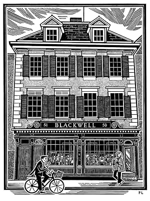 Wood-engraving of Blackwell's Bookshop, Oxford.