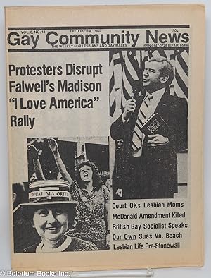 Immagine del venditore per GCN: Gay Community News; the weekly for lesbians and gay males; vol. 8, #11, Oct. 4, 1980; Protesters Disrupt Falwells Madison "I Love America" Rally venduto da Bolerium Books Inc.
