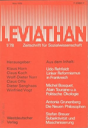 Bild des Verkufers fr Leviathan Heft 1/1978 - Zeitschrift fr Sozialwissenschaft u.a. Politische kologie zum Verkauf von Versandantiquariat Nussbaum