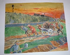 Men pulling a laden cart with a train in the background and a fisherman in the foreground.