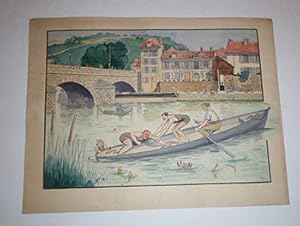 Four men and a rowboat with a village and stone bridge in the background.