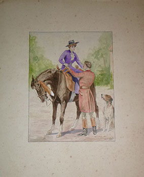 A dapper French Rider helping an Elegant Woman off a horse in 1906. Signed.