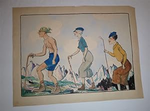 A caricature of three walkers at Chamonix in 1937. Version 2 of the pochoir.