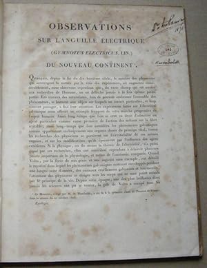 Observations sur l'Anguille Électrique (Gymnotus Electricus, Lin.) du Nouveau Continent