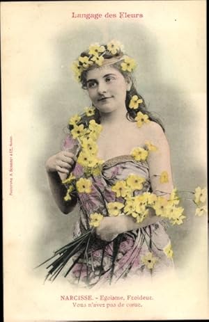 Ansichtskarte / Postkarte Langage des Fleurs, Narcisse, Narzissen, Blumensprache, Frau