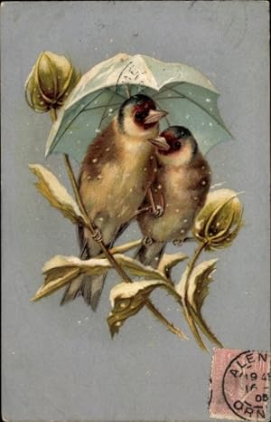 Litho Zwei Vögel mit Regenschirm auf einer Distel