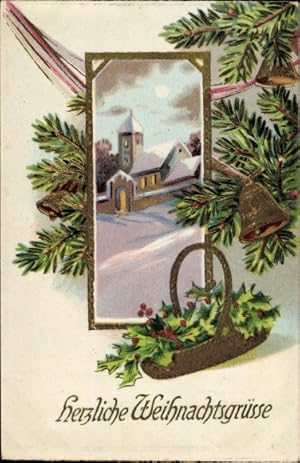 Präge Passepartout Glitzer Ansichtskarte / Postkarte Glückwunsch Weihnachten, Stechpalme, Tannenz...