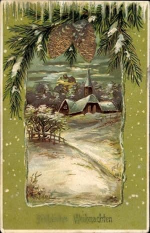 Präge Glitzer Ansichtskarte / Postkarte Glückwunsch Weihnachten, Kirche, Tannenzweige, Zapfen