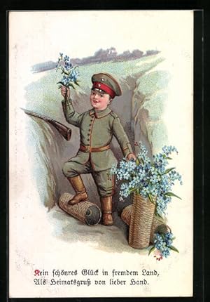 Bild des Verkufers fr Ansichtskarte Kein schnres Glck in fremdem Land., Kleiner Soldat mit Blumen im Schtzengraben, Kinder Kriegspropaganda zum Verkauf von Bartko-Reher