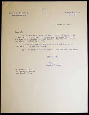 1964 Typed Letter Signed By Avraham Harman, Israeli Ambassador to the United States