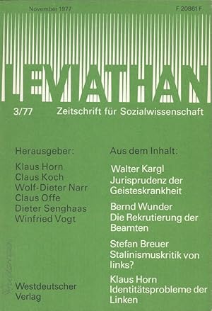 Bild des Verkufers fr Leviathan Heft 3/1977 - Zeitschrift fr Sozialwissenschaft u.a. Stalinismuskritik von links? zum Verkauf von Versandantiquariat Nussbaum